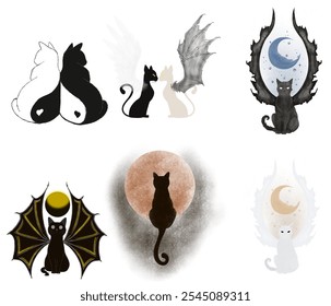 Gatos estilizados en el tema de Yin Yang y la luna, la luz y la oscuridad