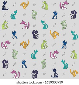stylized cats seamless pattern. Strange abstract multi-colored cats with a pattern. Vector stock illustration hand-drawn on a gray background. cats in different poses.