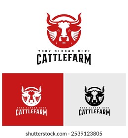 Stylized cattle farm logo featuring a bold red, black, and white bull's head with prominent horns and text. Ideal for farm branding.