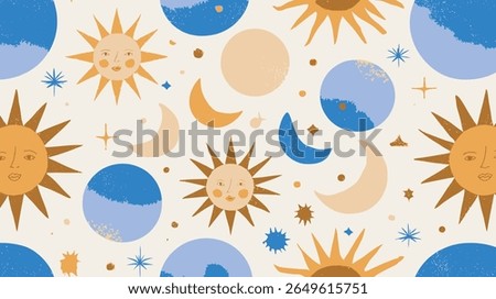 Stylized celestial bodies display cosmic pattern against light background generating interest