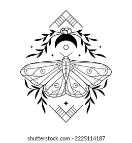 Stylized celestial illustration of night moth, moon and florals. Line art butterfly with leaves and flower. Black and white insect print, tattoo design. Vector illustration for t-shirt, notebook cover