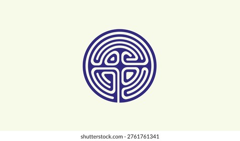 A stylized Celtic knot design, rendered as a maze-like symbol within a circular border, presented in deep blue against a neutral cream background.
