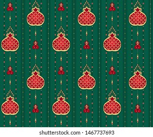 Stylized Central Asian ikat pattern in green and red colors with pomegranate fruits and grains. Seamless vector.