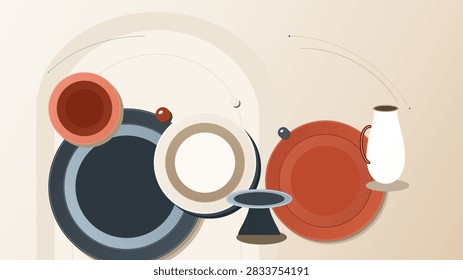Stylized ceramic plate profiles and elegant curved pottery vessels create an expansive minimalist backdrop. Sienna, Slate and Beige color theme.