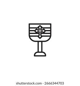 A stylized chalice with horizontal bands and a central cross.