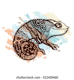 Stylized chameleon lizard. Hand Drawn Reptile, vector illustration in doodle style.