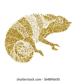 Stylized chameleon lizard. Hand Drawn Reptile, vector illustration in doodle style with golden glitter.