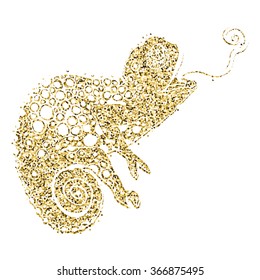 Stylized chameleon lizard. Hand Drawn Reptile, vector illustration in doodle style with golden glitter.