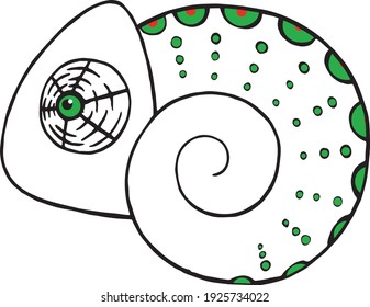 Stylized chameleon using two colors green and red, the tail is twisted. Circular patterns are laid in the inside. There are strokes on the eye, the eyeball itself is green.