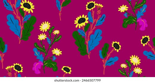 Stylized chamomile flowers, floral pattern. Vector overlapping seamless pattern