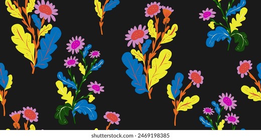 Stylized chamomile flowers, floral pattern. Vector overlapping seamless pattern