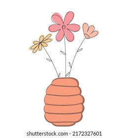 stylized chamomile flowers in a vase drawn in boho style on a white background. Element for logo, business card, booklet