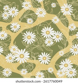 Stylized chamomiles seamless pattern, green and yellow background. Seamless pattern background. Vector, illustration