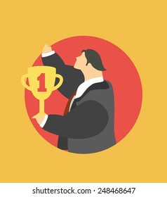 stylized character businessman in a round emblem with the cup in hand