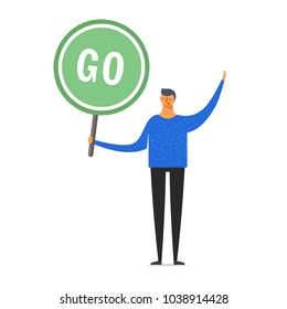 Stylized character. Concept business and live illustration. Popular man with a small head and a big body.The man is holding the sign of GO.