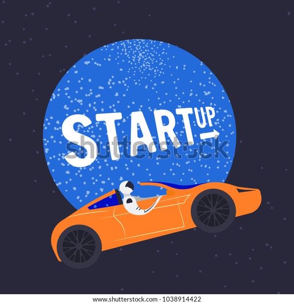Stylized character. Concept business
and live illustration. Popular man with a small head and a big
body.A man in a space suit flies by car in space. The
startup.