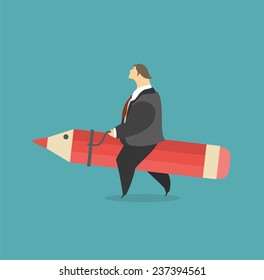Stylized character concept man in a suit saddled pencil and rides on it