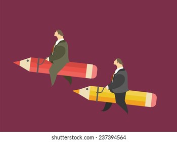 Stylized character concept man in a suit saddled pencil and rides on it