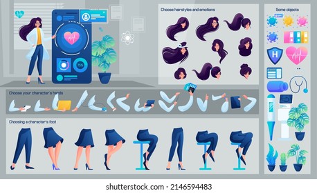 Carácter estilizado, consultoras cardiólogas femeninas vía Internet. Establecer para animación. Utilice Elementos De Cuerpo Separados para Crear Un Carácter Animado. Conjunto de emociones, peinados, manos y pies.