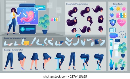 Stylized Character, Female gastroenterologist consults a client. Set for Animation. Use Separate Body Parts to Create An Animated Character. Set of Emotions, Hairstyles, Hands and Feet.