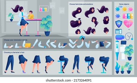 Stylized Character, Female pediatrician examines a small child. Set for Animation. Use Separate Body Parts to Create An Animated Character. Set of Emotions, Hairstyles