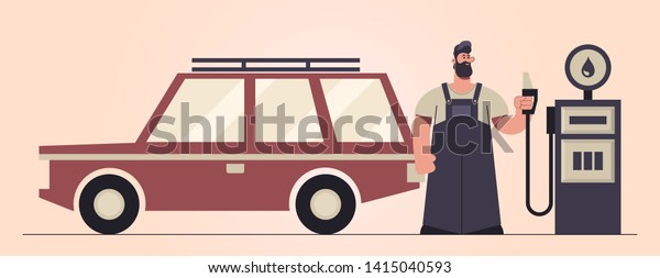 Stylized Character. Gas\
Station Worker Filling Up Fuel Into the Car. Retro Style. Vector\
Illustration
