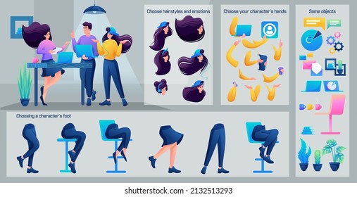 Stylized Character, A girl from the creative group. Set for Animation. Use Separate Body Parts to Create An Animated Character. Set of Emotions