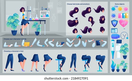 Stylized Character, Girl laboratory assistant does the tests of patients. Set for Animation. Use Separate Body Parts to Create An Animated Character. Set of Emotions, Hairstyles, Hands and Feet.