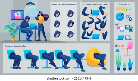 Stylized Character, The hacker guy. Set for Animation. Use Separate Body Parts to Create An Animated Character. Set of Emotions, Hairstyles, Hands and Feet