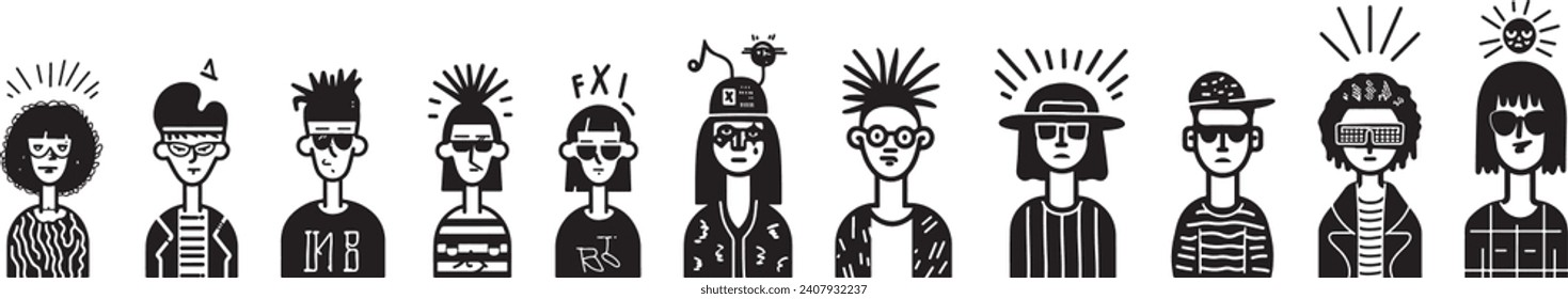 Stylized Character Icons - Editable Vector. An array of hipster-inspired characters featuring eclectic accessories and hairstyles, ideal for modern 