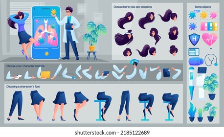 Stylized Character, Infectious Disease Doctor Informs The Woman About The Disease. Set For Animation. Use Separate Body Parts To Create An Animated Character. Set Of Emotions, Hairstyles, Hands And Fe