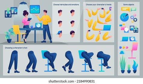 Personaje estilizado, el gerente masculino muestra a un colega el resultado de su trabajo. Establecer para animación. Utilice Elementos De Cuerpo Separados para Crear Un Carácter Animado. Emociones, peinados, manos y pies