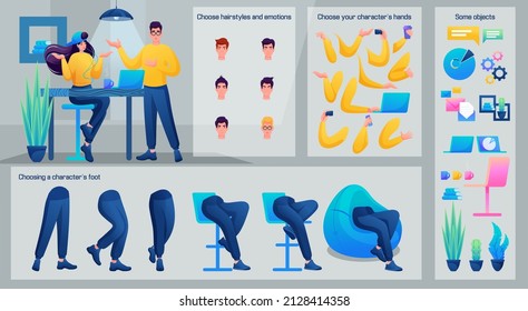 Stylized Character, Male Mentor. Set for Animation. Use Separate Body Parts to Create An Animated Character. Set of Emotions, Hairstyles, Hands and Feet
