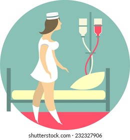 Stylized character nurse in a hospital room next to the bed with a dropper