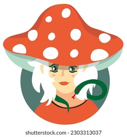 stylized character portrait in vector. illustration for avatar design. simple isolated portrait of a girl in a fly agaric hat with a snake around her neck. people anime style, cartoon. Mushroom