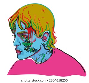 stylized character portrait in vector.illustration for avatar design.detailed isolated portrait of a guy with wounds on his face. people in anime style, cyberpunk, cartoon. 