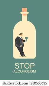 stylized character poster man at the bottom of the bottle with a glass of alcohol in his hands, stop alcoholism