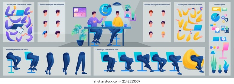 Stylized Character, programmer communicates with the investor. Use Separate Body Parts to Create An Animated Character. Set of Emotions, Hairstyles, Hands and Feet