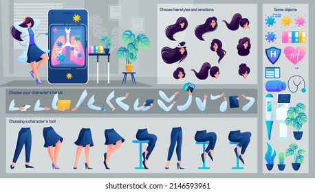 Stylized Character, Pulmonologist is shocked by the patient's tests. Set for Animation. Use Separate Body Parts to Create An Animated Character. Set of Emotions.