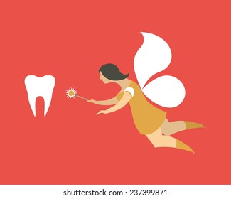 Stylized character tooth fairy flies in the hands of a magic wand