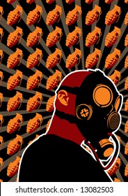 Stylized Character Wearing A Gas Mask With Pop Art Hand Grenades In The Background.