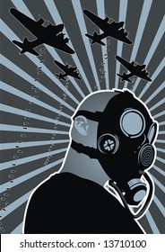 Stylized Character Wearing A Gas Mask With Bombs Falling In The Background.