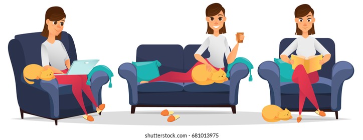 Stylized character. Woman at home. Set. Reading book, lying on sofa and working on laptop in armchair. Freelancer. Cartoon character. Vector illustration