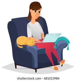 Stylized character. Woman at home sitting in comfortable armchair and working on her laptop. Freelancer. Cartoon character. Vector illustration