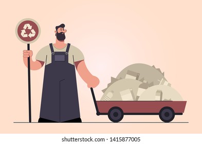 Stylized Character. Worker Holding Trolley with a Lot of Garbage. Retro Style. Vector Illustration