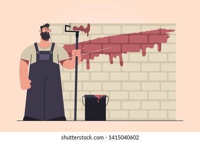 Stylized Character. Worker Painting the Wall. Retro Style. Vector Illustration