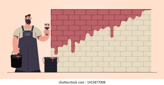 Stylized Character. Worker Painting the Wall. Retro Style. Vector Illustration