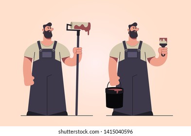 Stylized Character. Worker with Roller. Retro Style. Vector Illustration