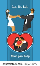 stylized characters bride and groom holding hands circling in the dance