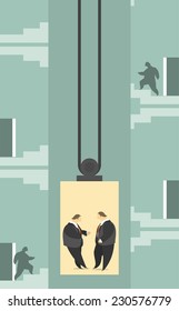 Stylized characters businessmen climb up the elevator in the background landings by walking